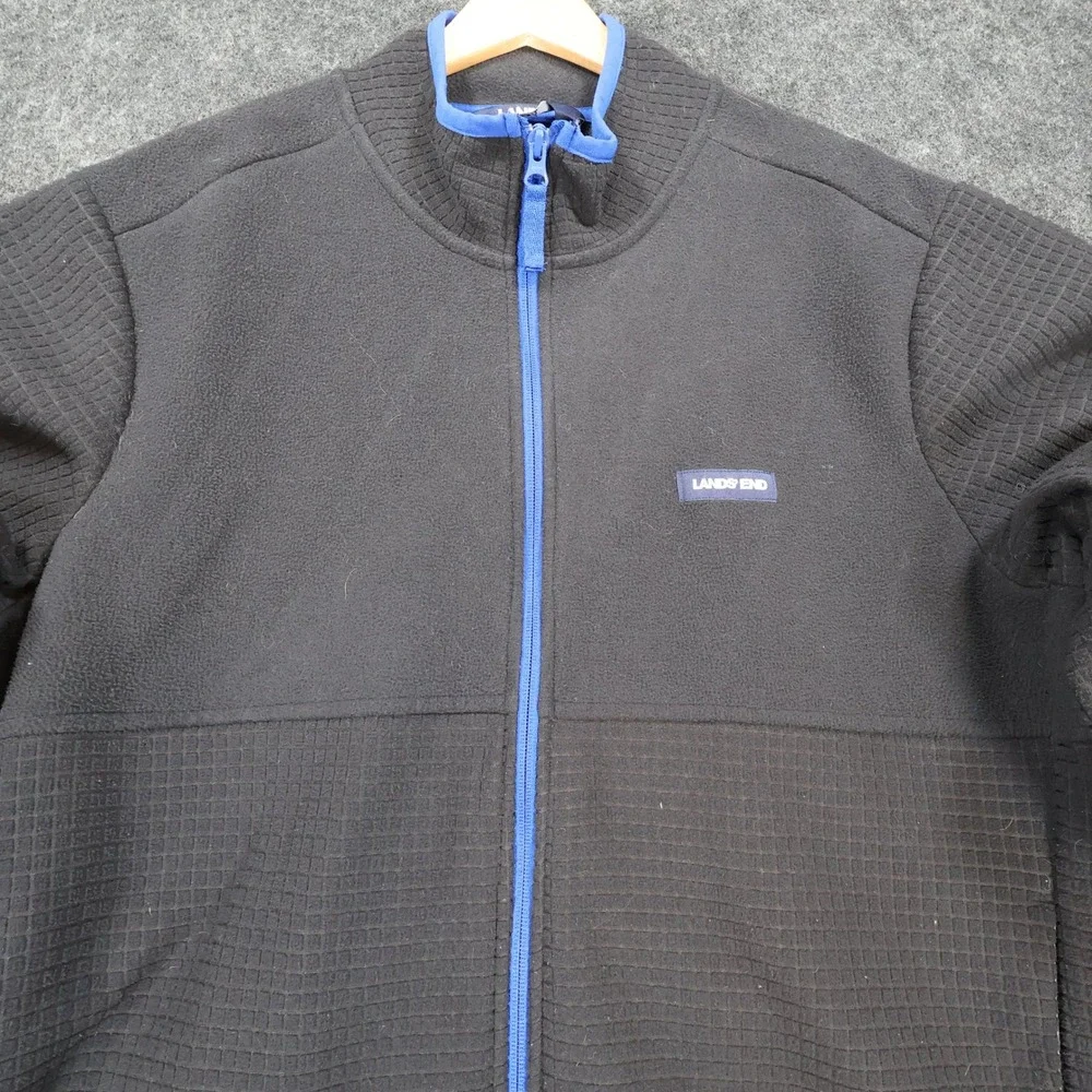 Lands' End Fleece‎ Jacket Mens Large Black Excellent Grid Texture Full Zip